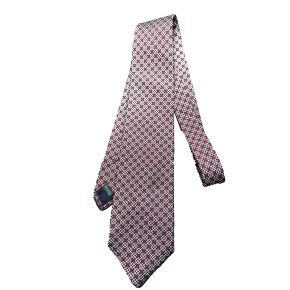 J Crew 100% Italian Wool, Ribbed Burgundy Beige Blue with Geometric Shapes Tie - Picture 1 of 4